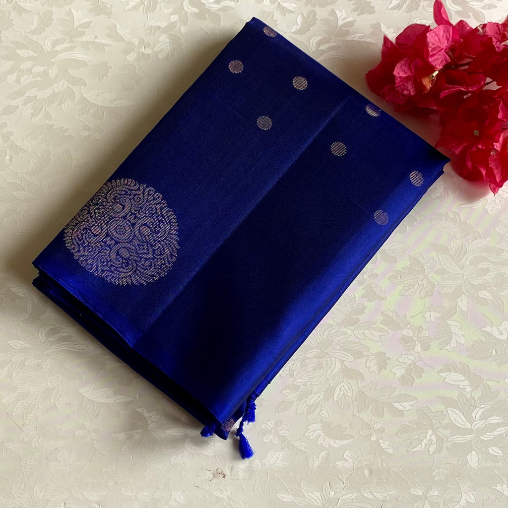 Royal Blue Designer Pure Silk Saree With Antique Gold Zari Panels