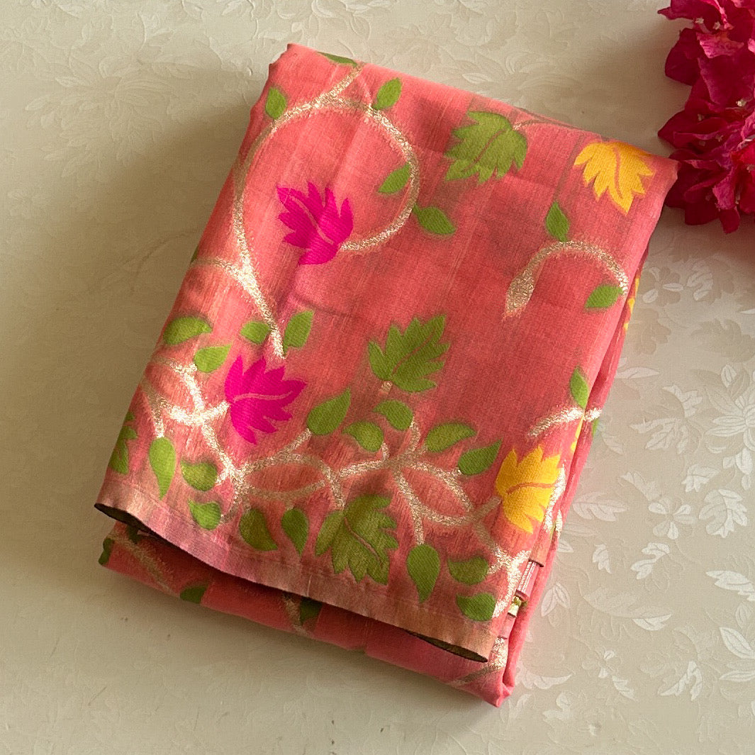 Coral Pink Floral Leaf Saree Gold Zari Tassel Pallu Elegant