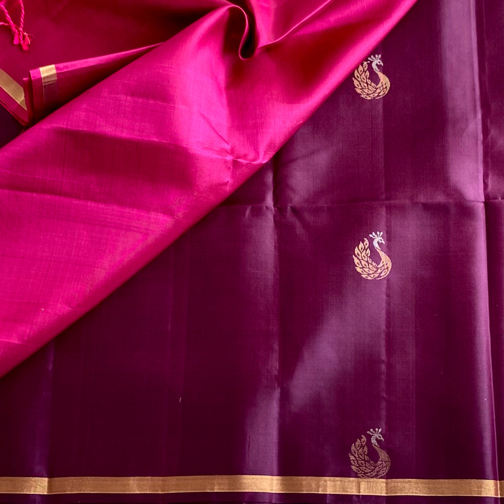 Deep Plum Designer Pure Silk Saree With Rani Pink Pallu