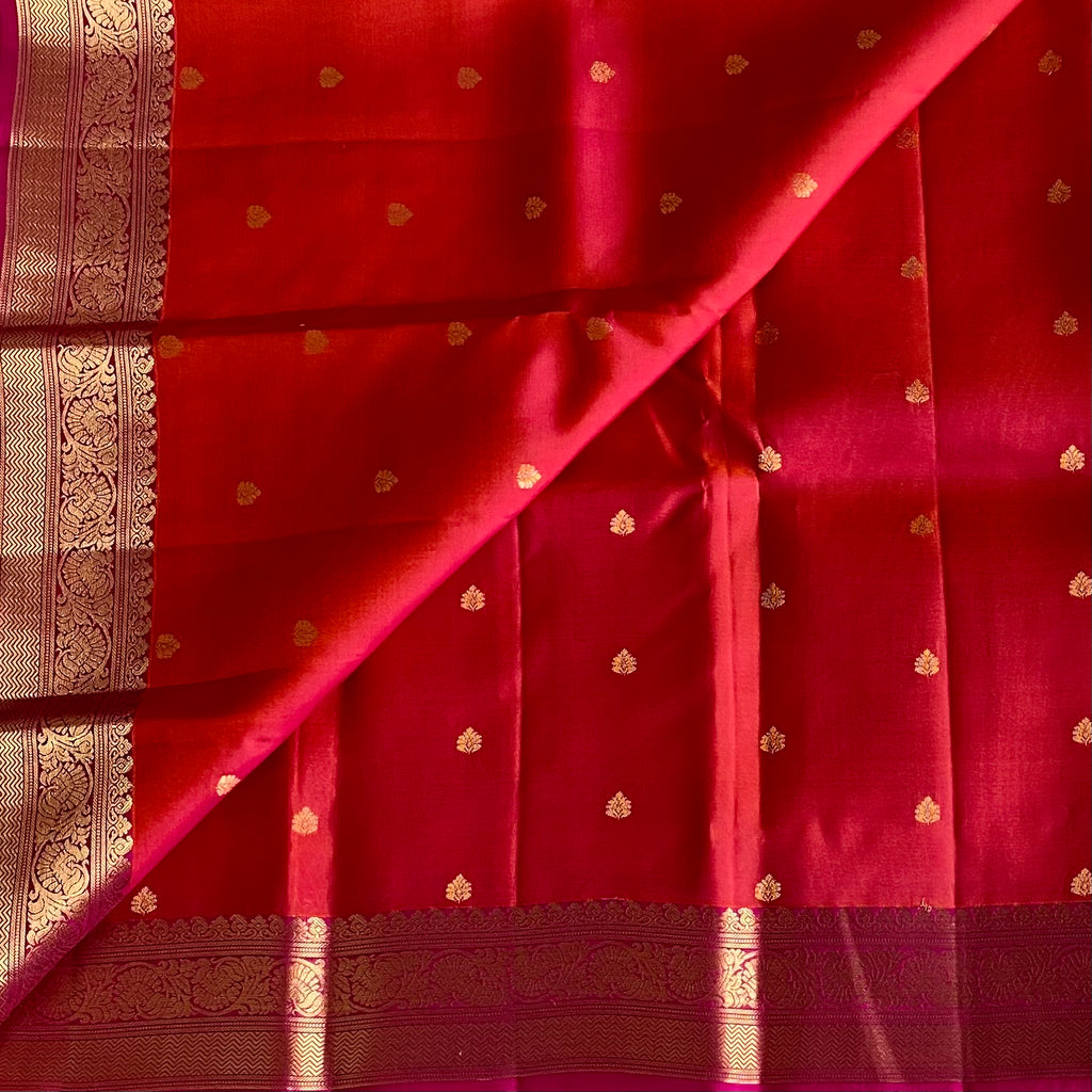 Rani Pink Designer Pure Silk Saree With Vermilion Pallu