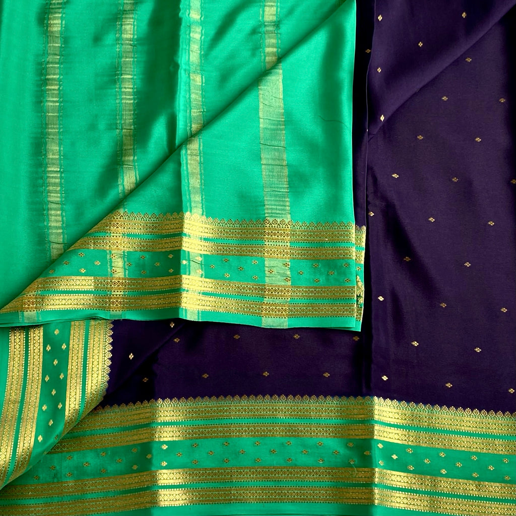Midnight Navy Mysore Crepe Silk Saree With Sea Green Contrast