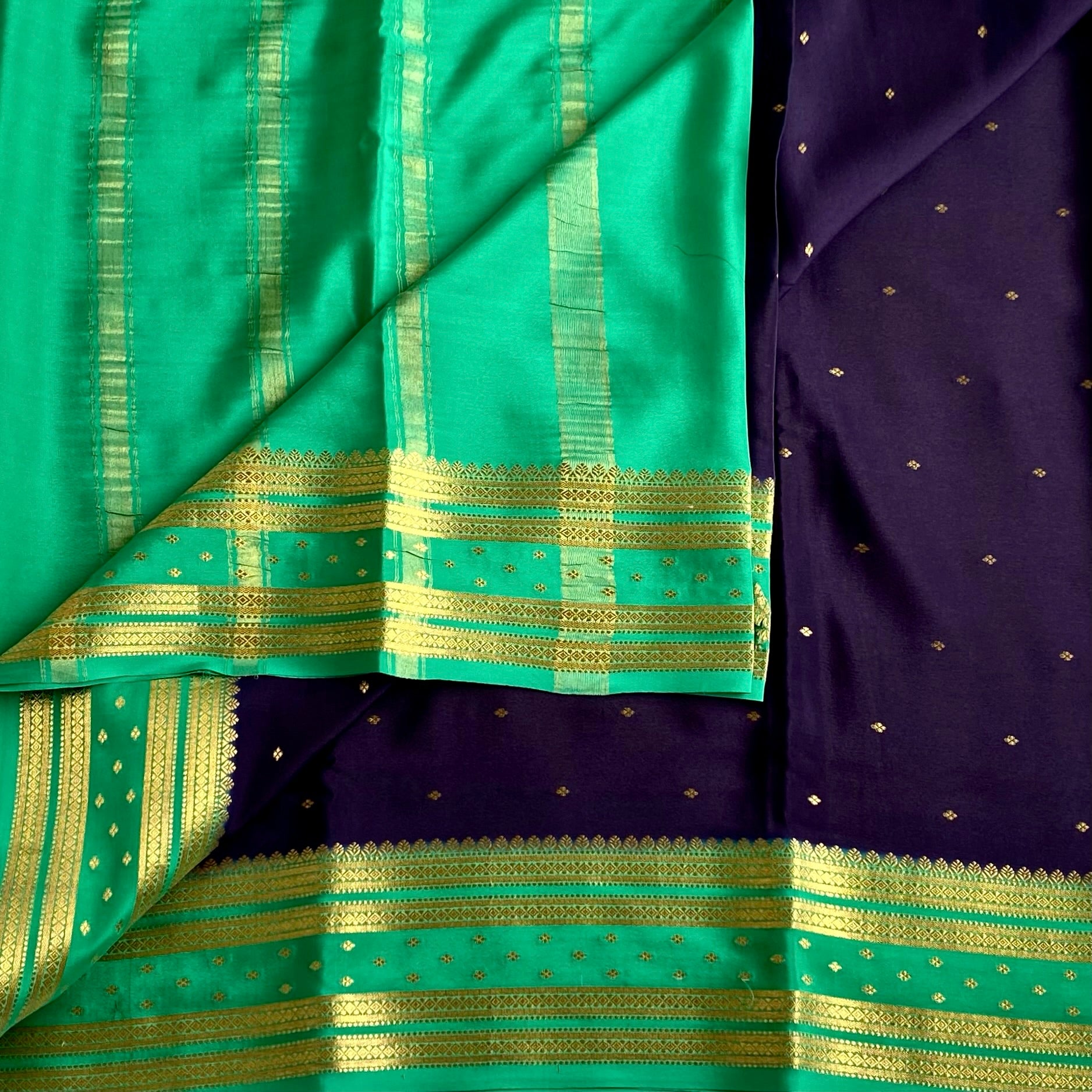 Midnight Navy Mysore Crepe Silk Saree With Sea Green Contrast