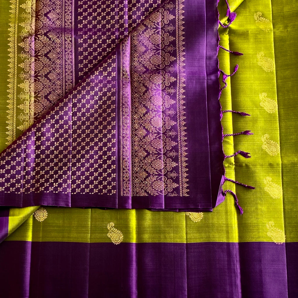 Chartreuse Green Designer Pure Silk Saree With Deep Purple Pallu