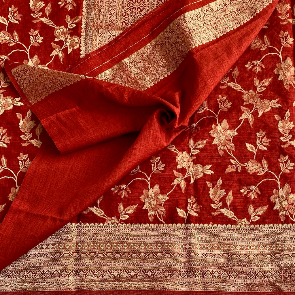 Venetian Rust Red Soft Tussar Silk Saree With Antique Gold Pallu