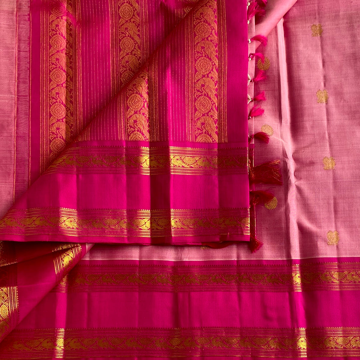 Blush Pink Kanjeevaram Pure Zari Silk Saree With Magenta Pink Pallu