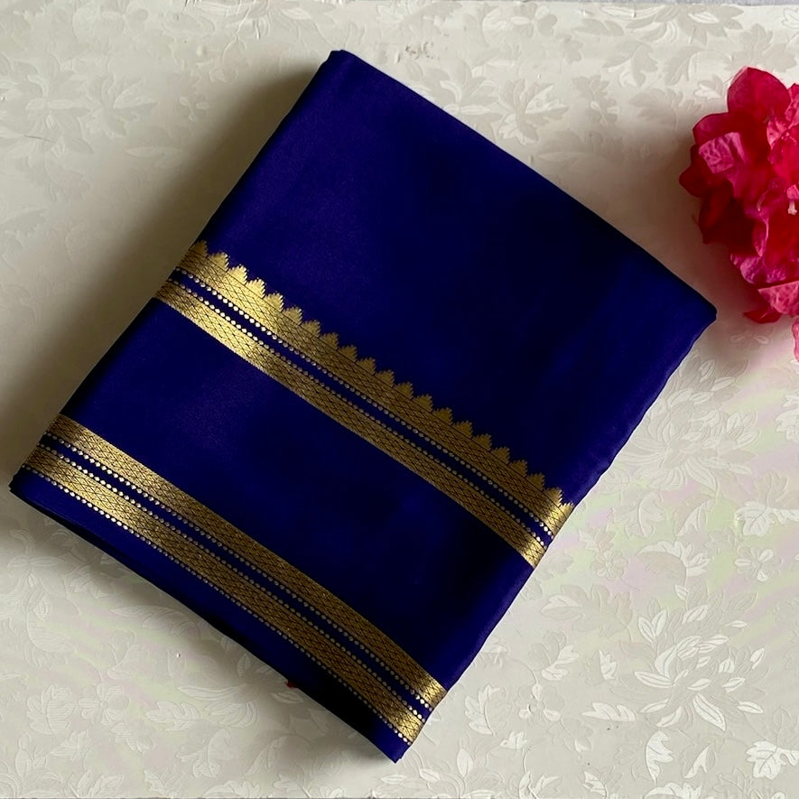 Midnight Navy Mysore Crepe Silk Saree With Gold Border Stripes