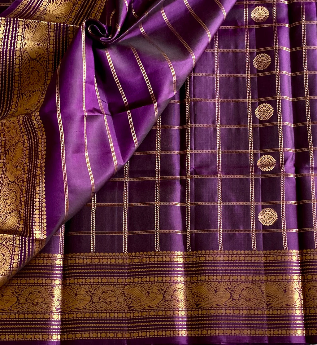 Royal Purple Silk Saree With Gold Zari Checkered Body Pallu