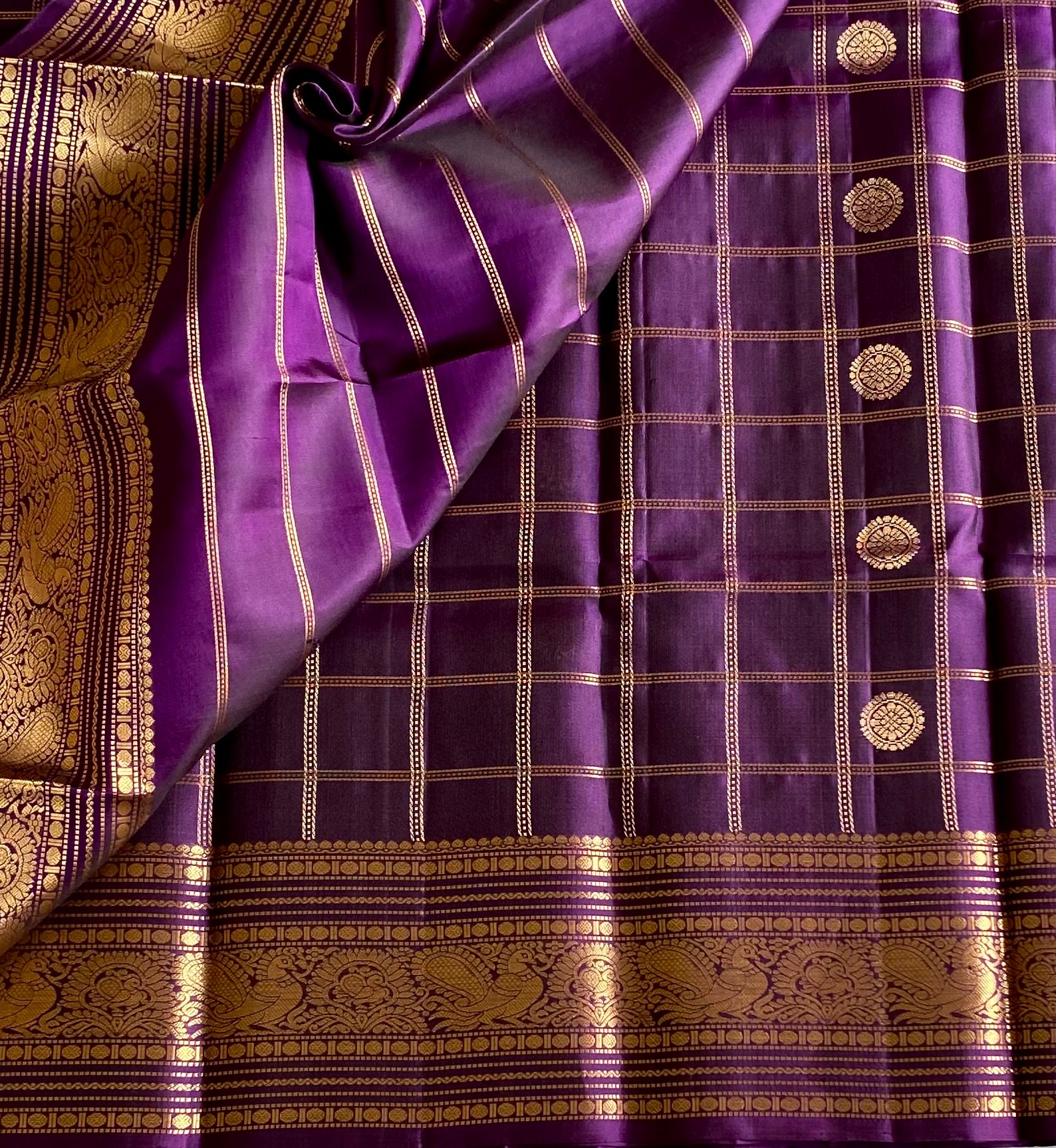 Royal Purple Silk Saree With Gold Zari Checkered Body Pallu