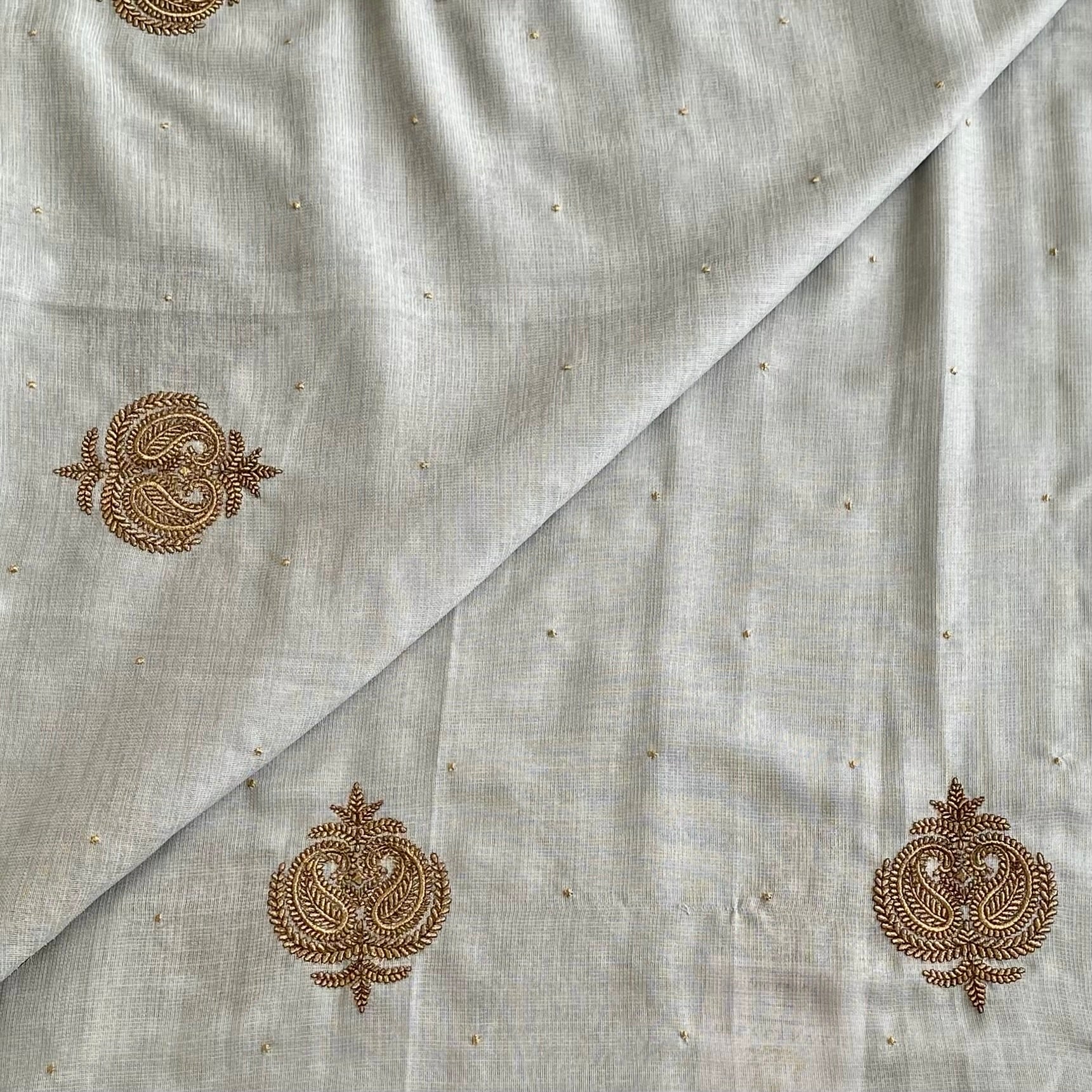 Soft Tinted grey jute Tussar Saree With Antique Black Gold Embroidery Blouse