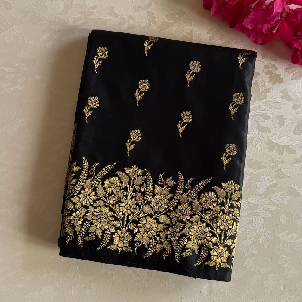 Jet Black gold zari woven designer soft gaji silk