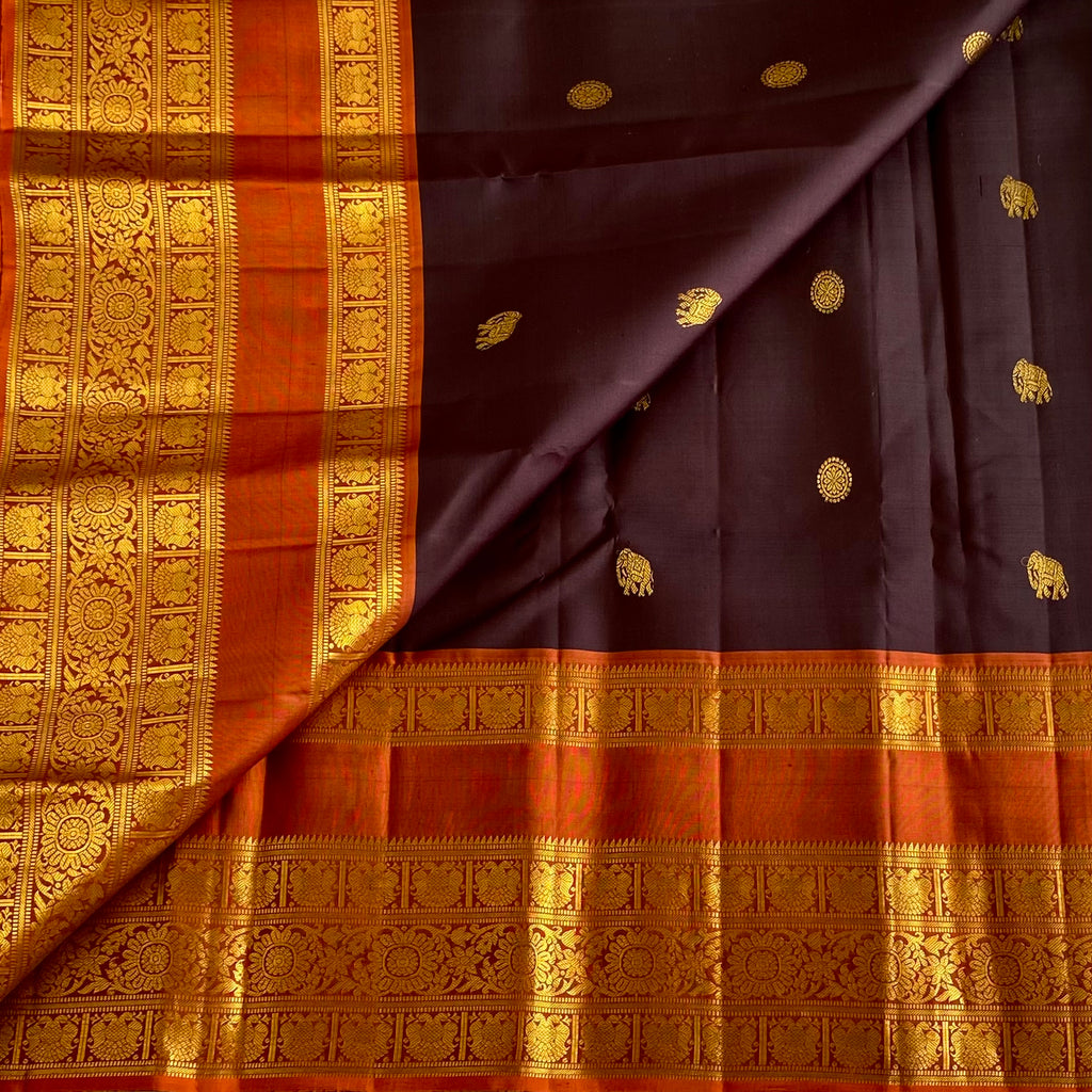 Espresso Brown With Rich Rust Stunner Pure Zari Kanjeevaram Silk