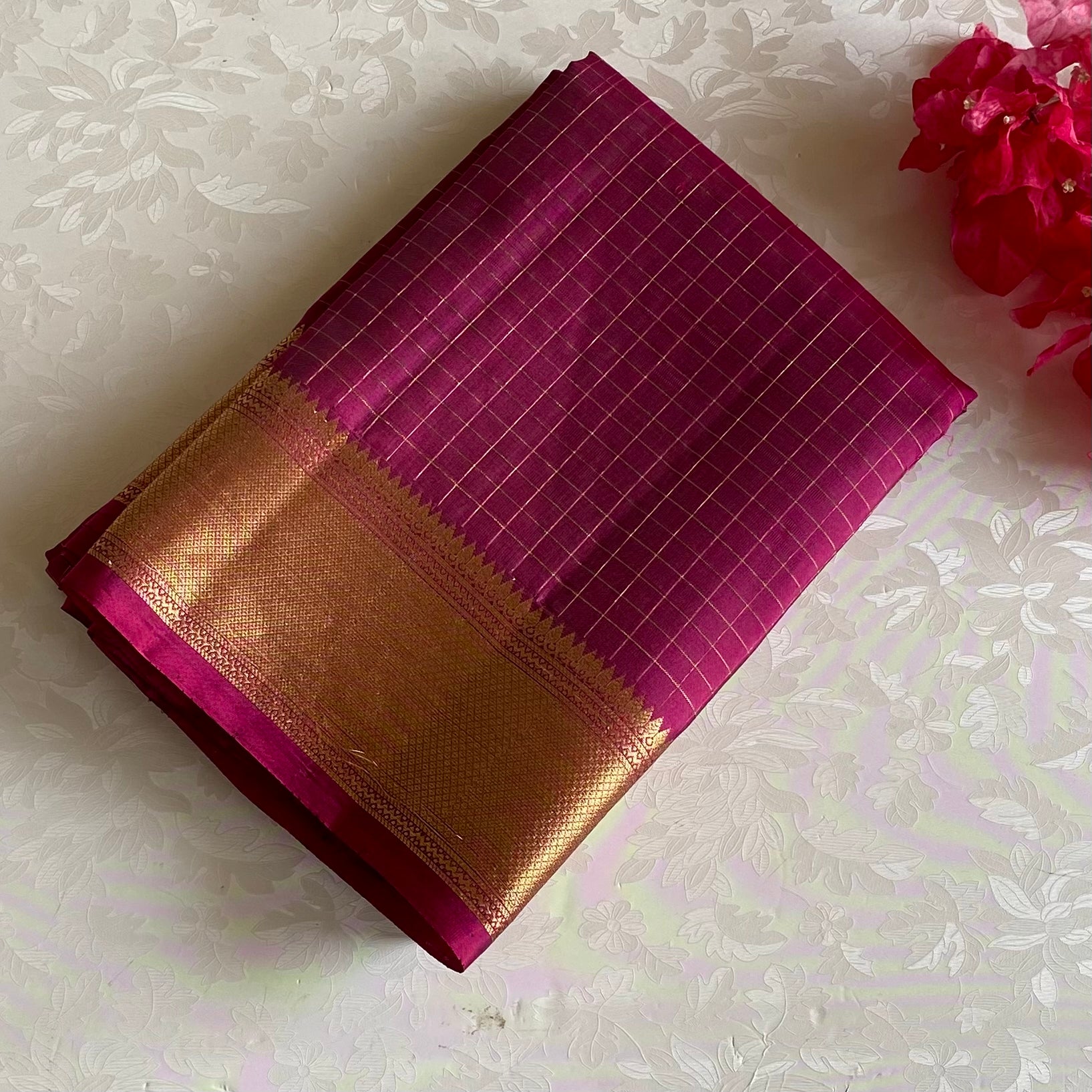 Rich Magenta Pink Designer Pure Silk Micro Checkered With Zari Gold Border
