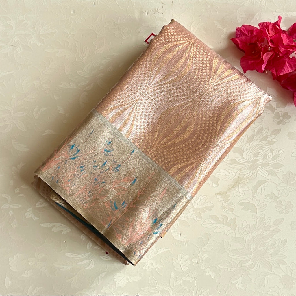 Blush Peach Brocade Saree Champagne Beige Pallu Silver Zari Floral