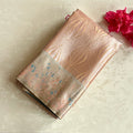 Blush Peach Brocade Saree Champagne Beige Pallu Silver Zari Floral