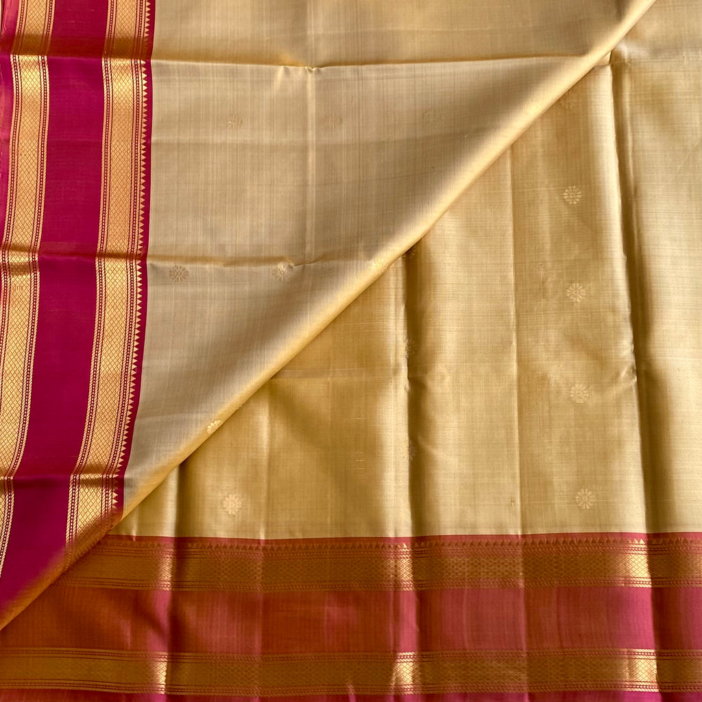 Pale Gold Designer Pure Silk Saree With Fiery Rose Pallu