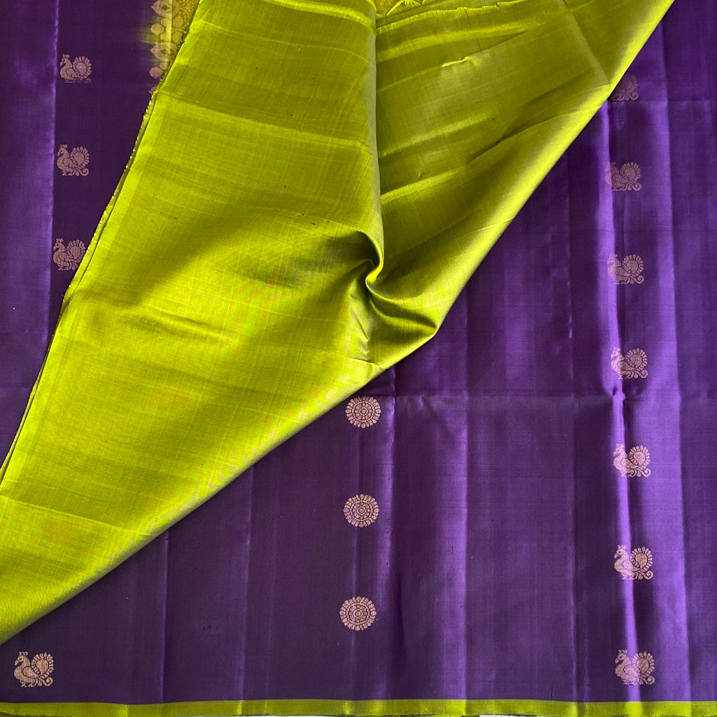 Royal Purple Designer Pure Silk Saree With Lime Green Pallu