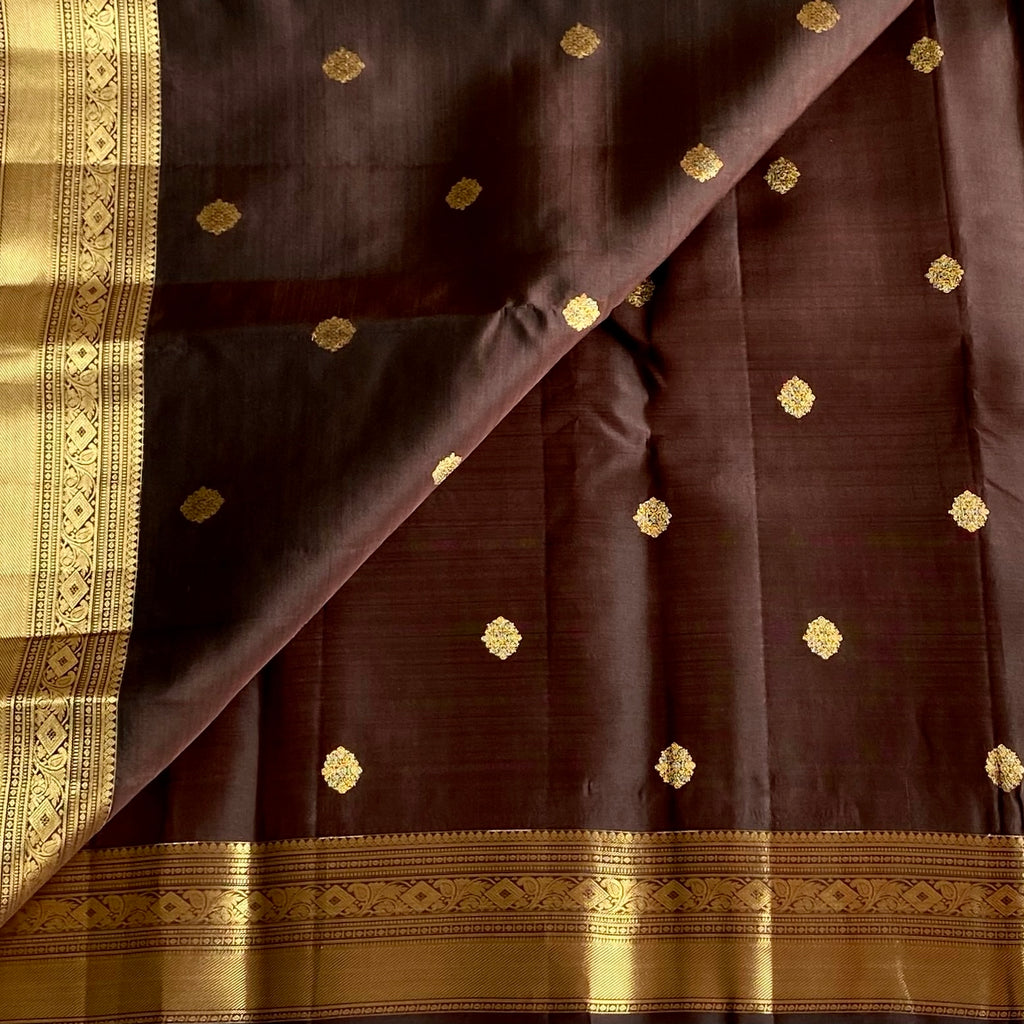 Chocolate Brown Designer Pure Silk Saree With Antique Gold Pallu