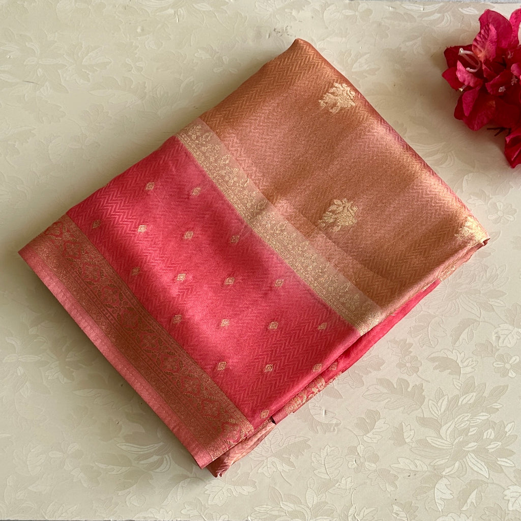 Copper Brown Soft Tussar Silk Saree With Rani Pink Pallu