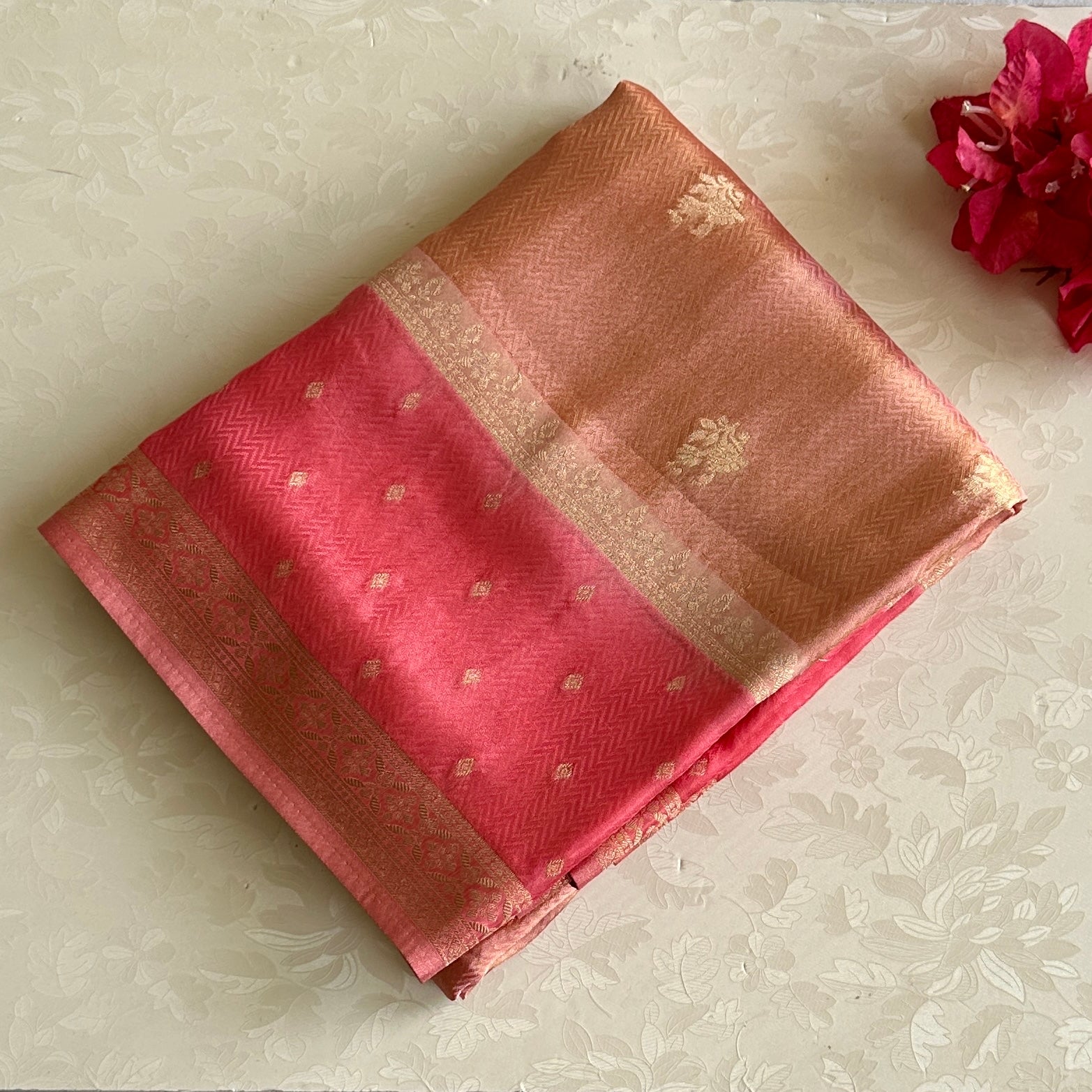 Copper Brown Soft Tussar Silk Saree With Rani Pink Pallu