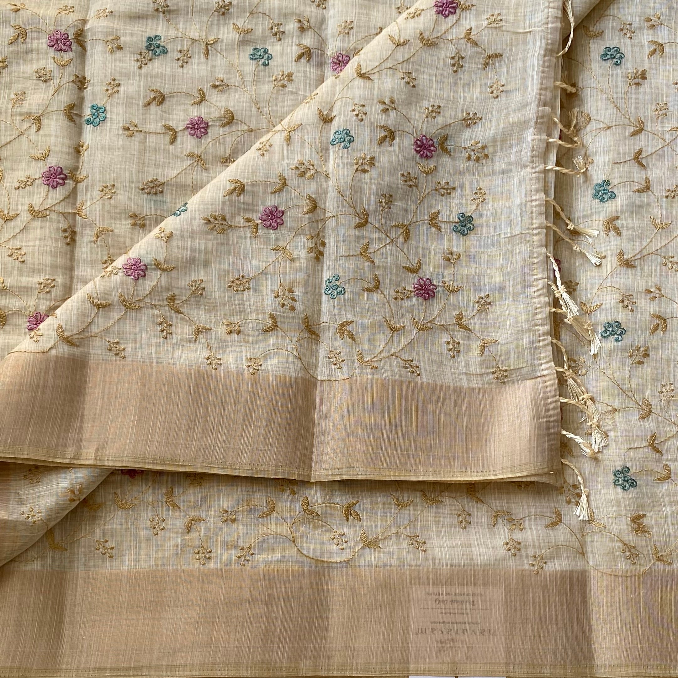 Pale Ivory Floral Embroidered Saree With Beige Zari Border Elegant
