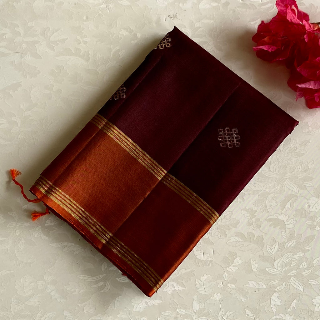 Sun-kissed Brown Designer Pure Silk Saree With Rust Orange Kollam Stunner