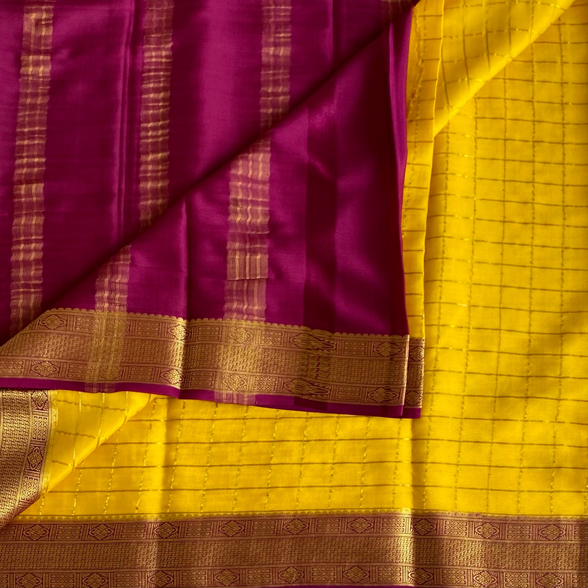 Mustard Yellow Mysore Crepe Silk Saree With Deep Magenta Border