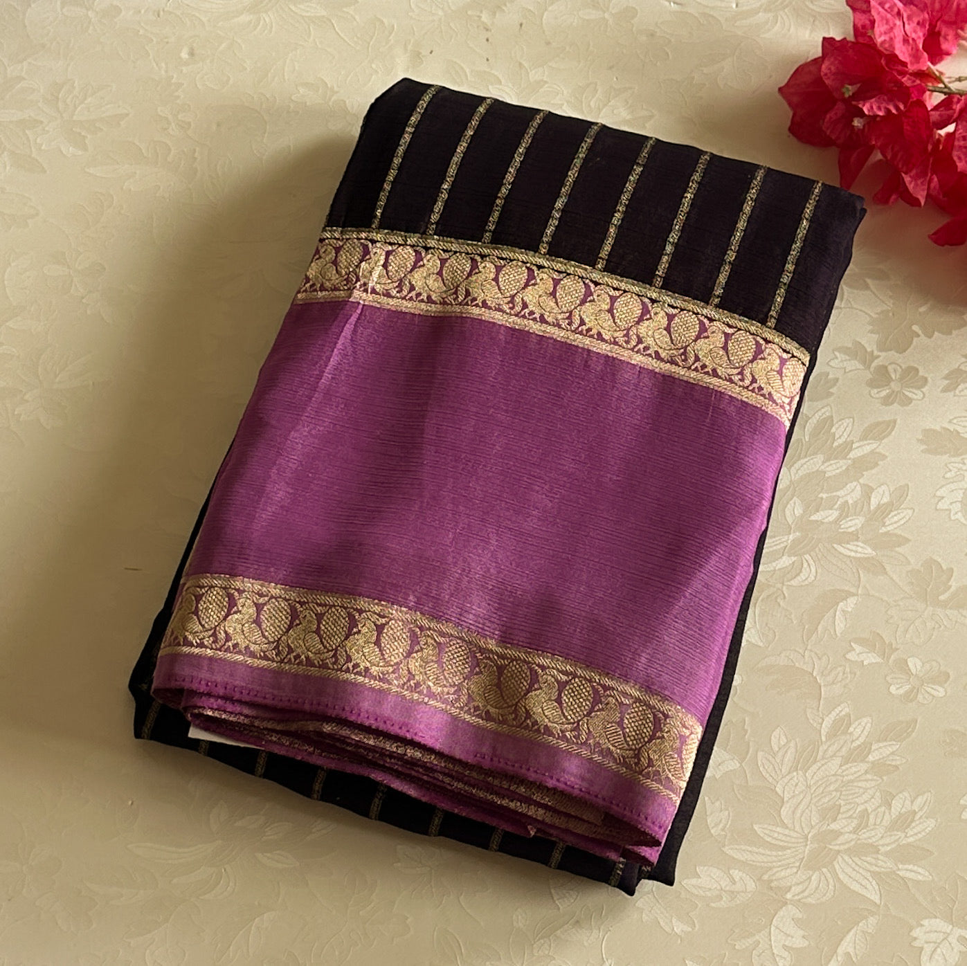 Magenta Black Silk Saree Gold Zari Brocade Floral Border Traditional