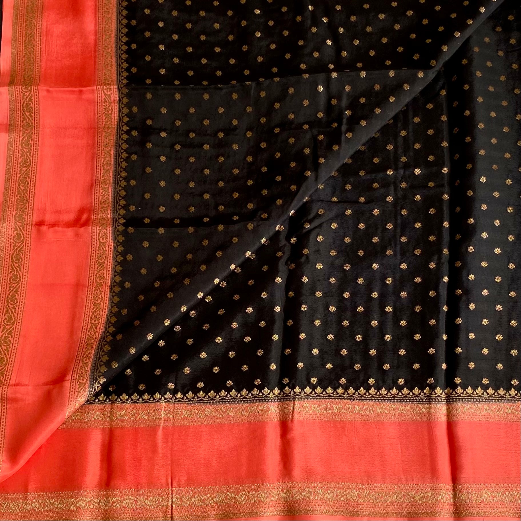 Jet Black Banarasi Crepe Silk Saree With Coral Red Pallu