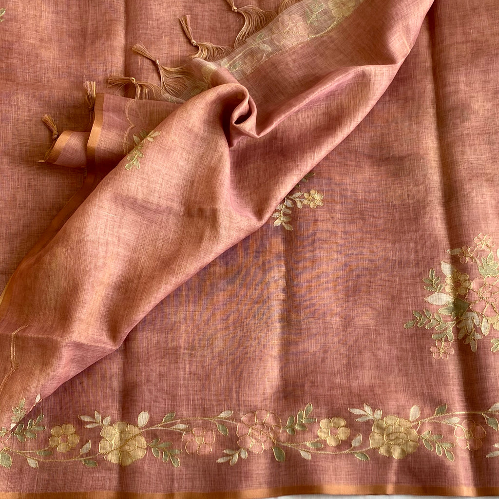Dusty Rose Soft Tussar Silk Saree With Embroidered Designer Borders n Pallu
