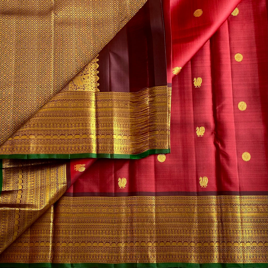 Maroonish Red Kanjeevaram Pure Zari Silk Saree With Wine Brown Pallu