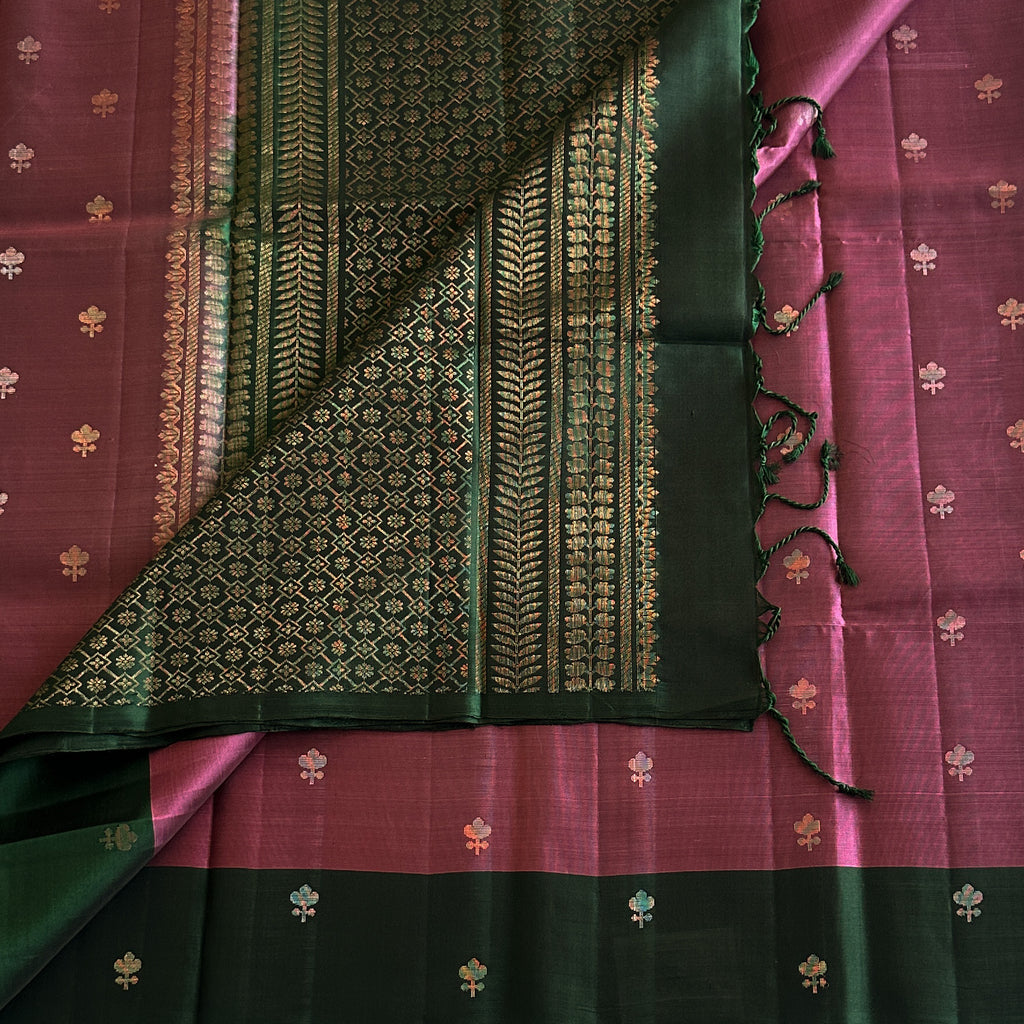 Magenta Silk Saree Forest Green Pallu Gold Brocade Banarasi Style