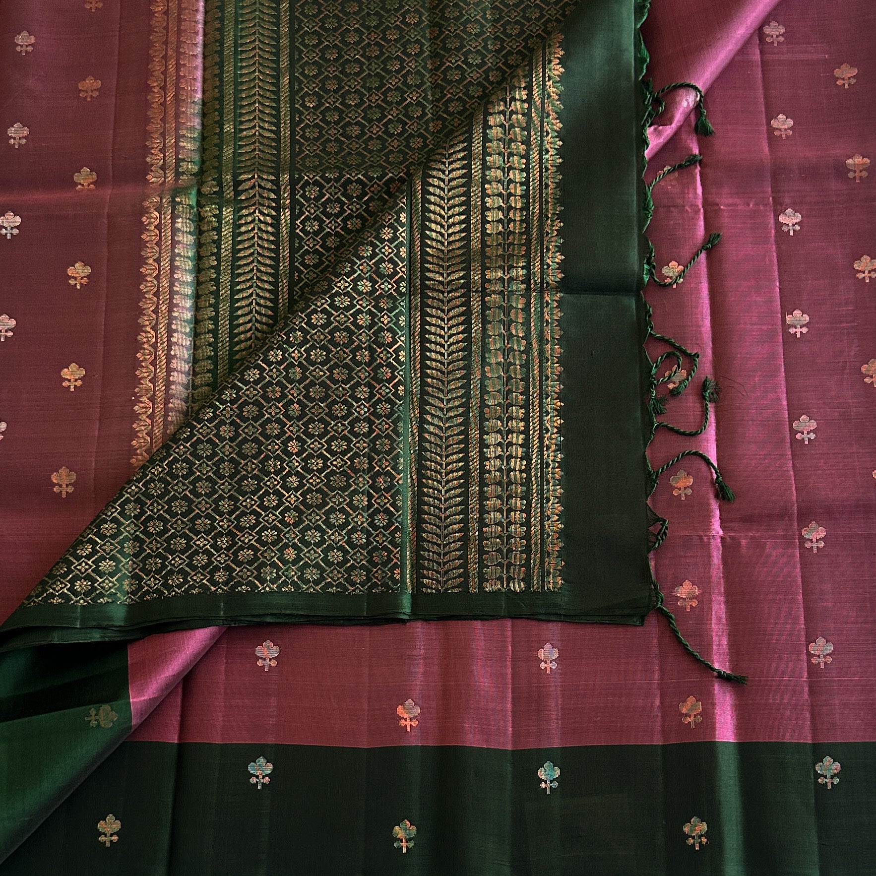 Magenta Silk Saree Forest Green Pallu Gold Brocade Banarasi Style