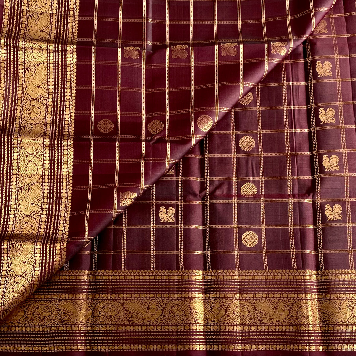 Deep Chocolate Maroon Designer Pure Silk Saree With Antique Gold Pallu