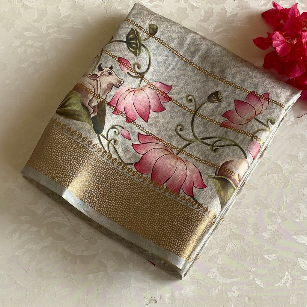 Silver Gray Soft Tussar Silk Saree Lotus Pink Motifs Gold Border