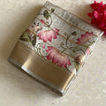 Silver Gray Soft Tussar Silk Saree Lotus Pink Motifs Gold Border
