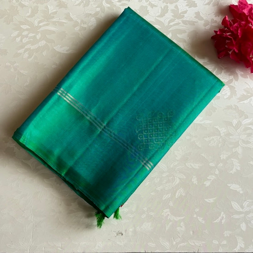 Sea Green Kollam Designer Pure Silk Saree With Antique Gold Pallu