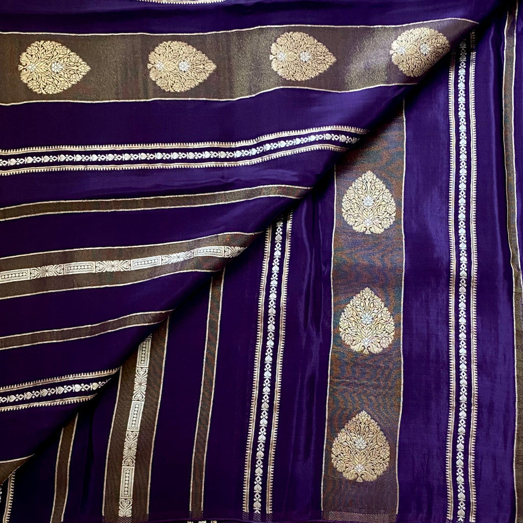 Royal Purple Silk Brocade Saree With Gold Zari Border