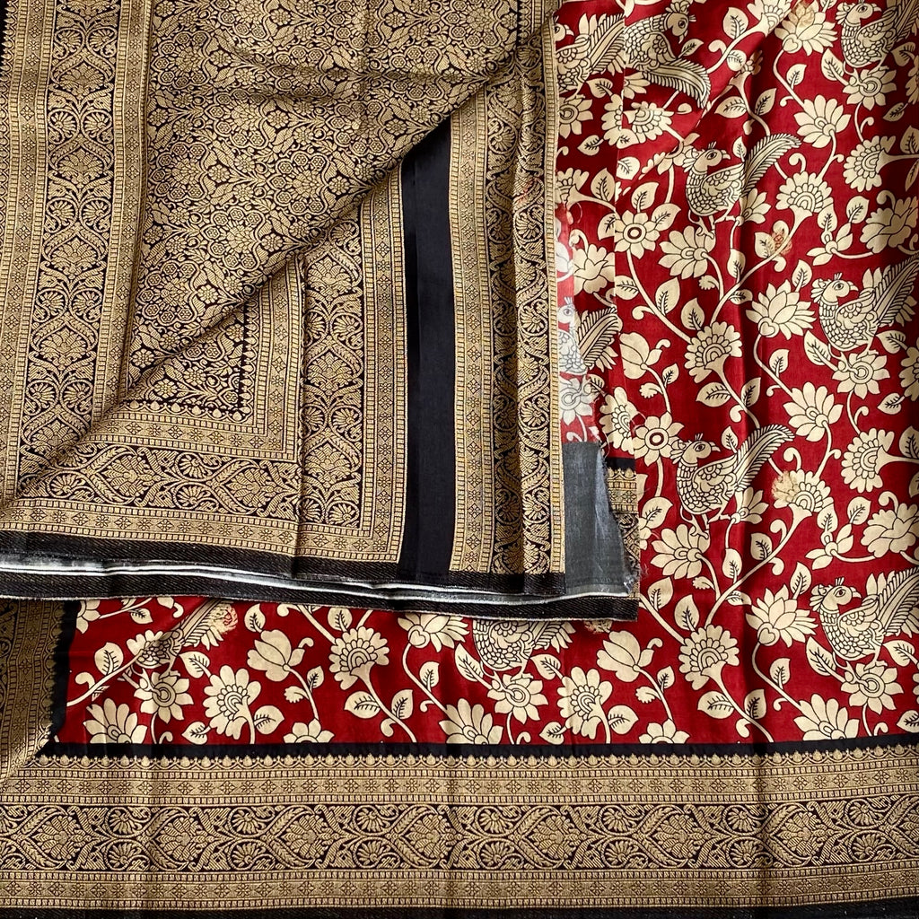 Rufous Red Tussar Silk Saree With Jet Black Pallu