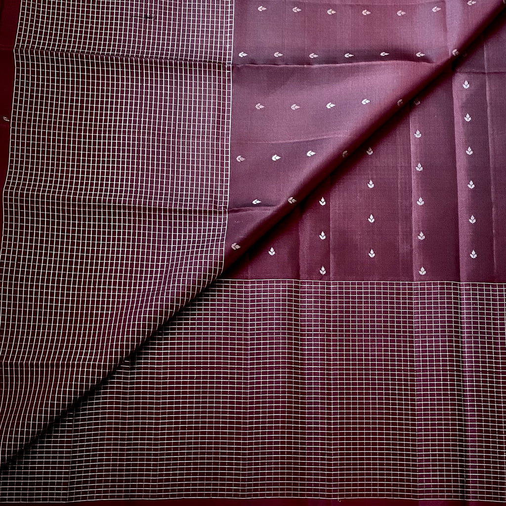 Burgundy Gold Brocade Saree Small Buti Checkered Body Traditional Wear
