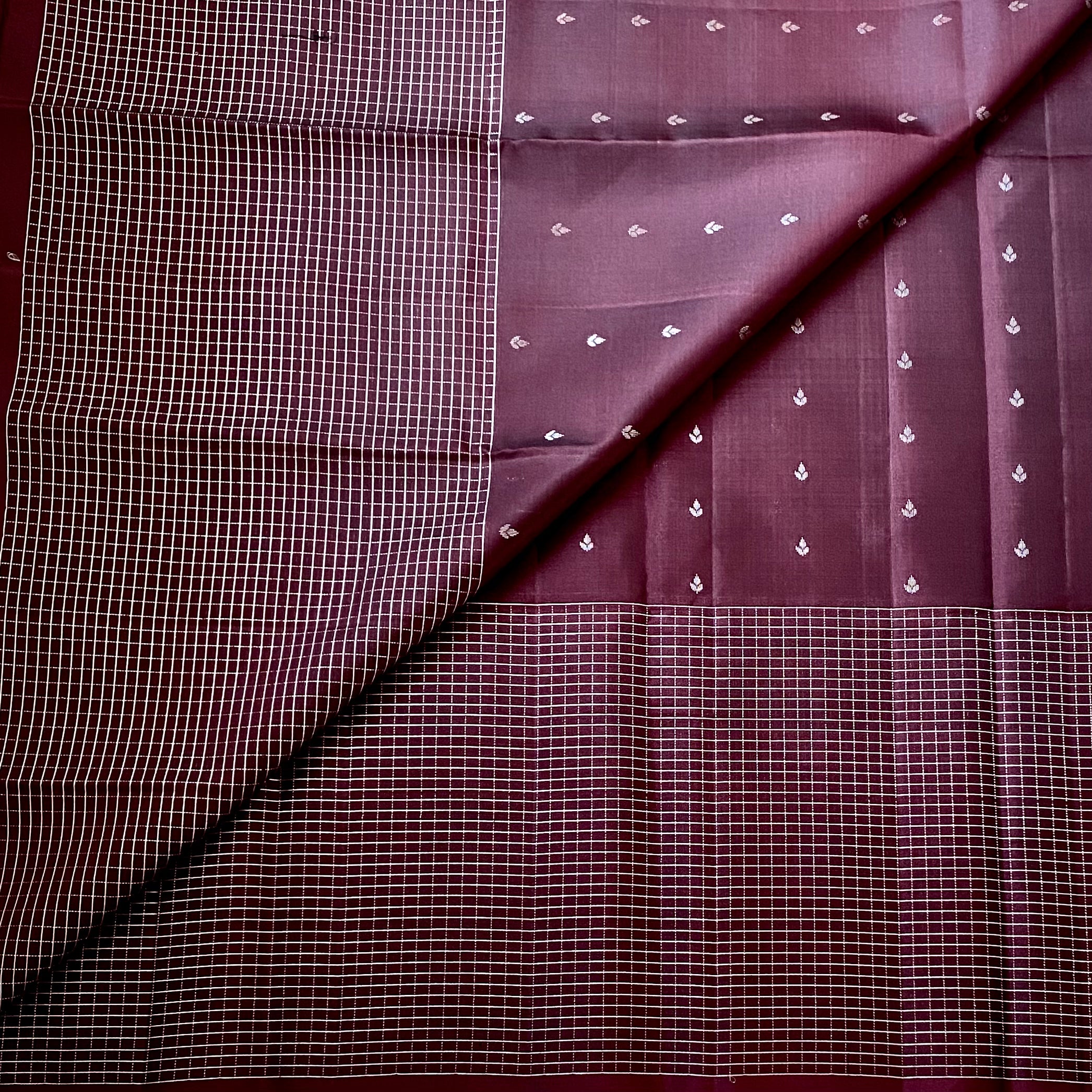 Burgundy Gold Brocade Saree Small Buti Checkered Body Traditional Wear