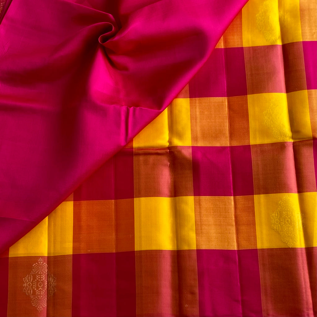 Rani n Sunflower Checkered Designer Pure Silk Saree With Rani Pink Contrast