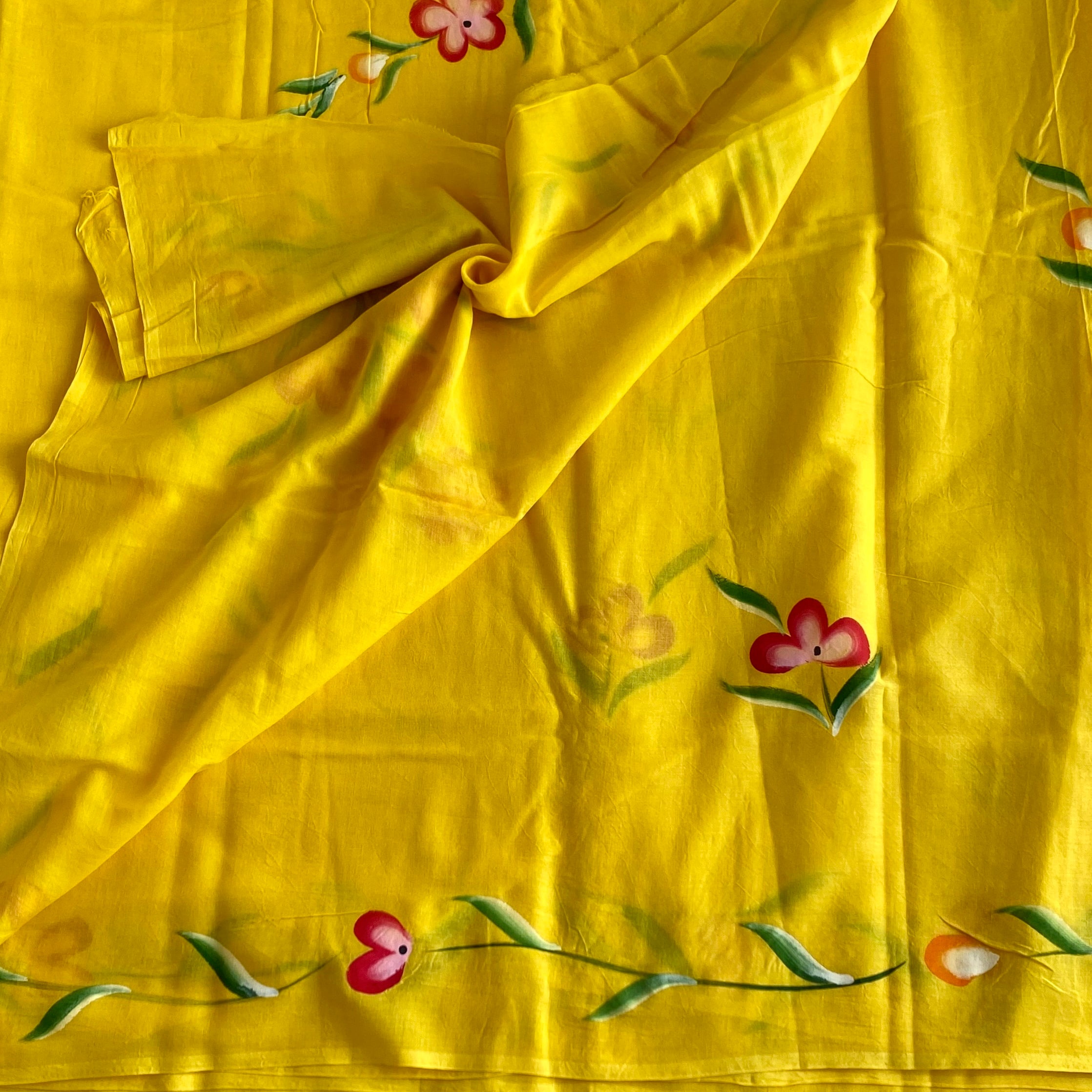 Bright Yellow Soft Tussar Silk Saree With Rani Pink Florals