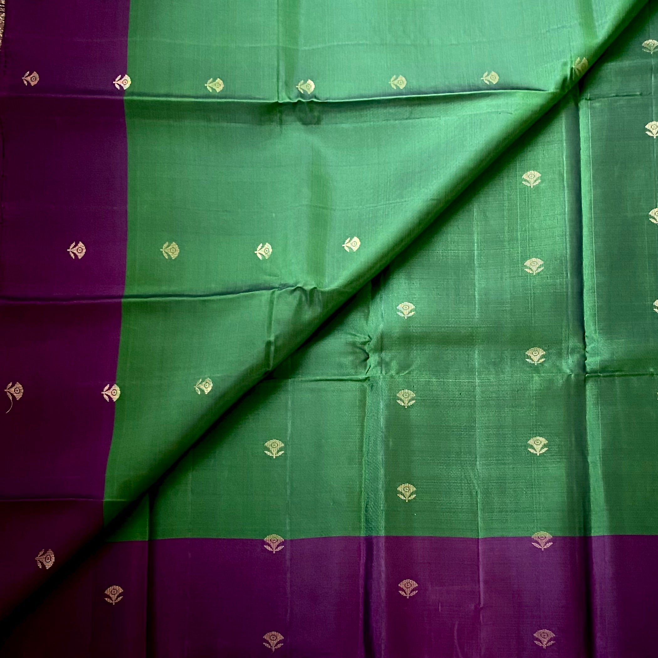 Emerald Green Purple Silk Saree Gold Brocade Floral Buttas Traditional