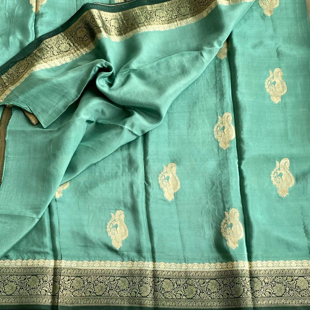 Mint Green Soft Crepe Silk Saree With Emerald Green Pallu Gold Zari