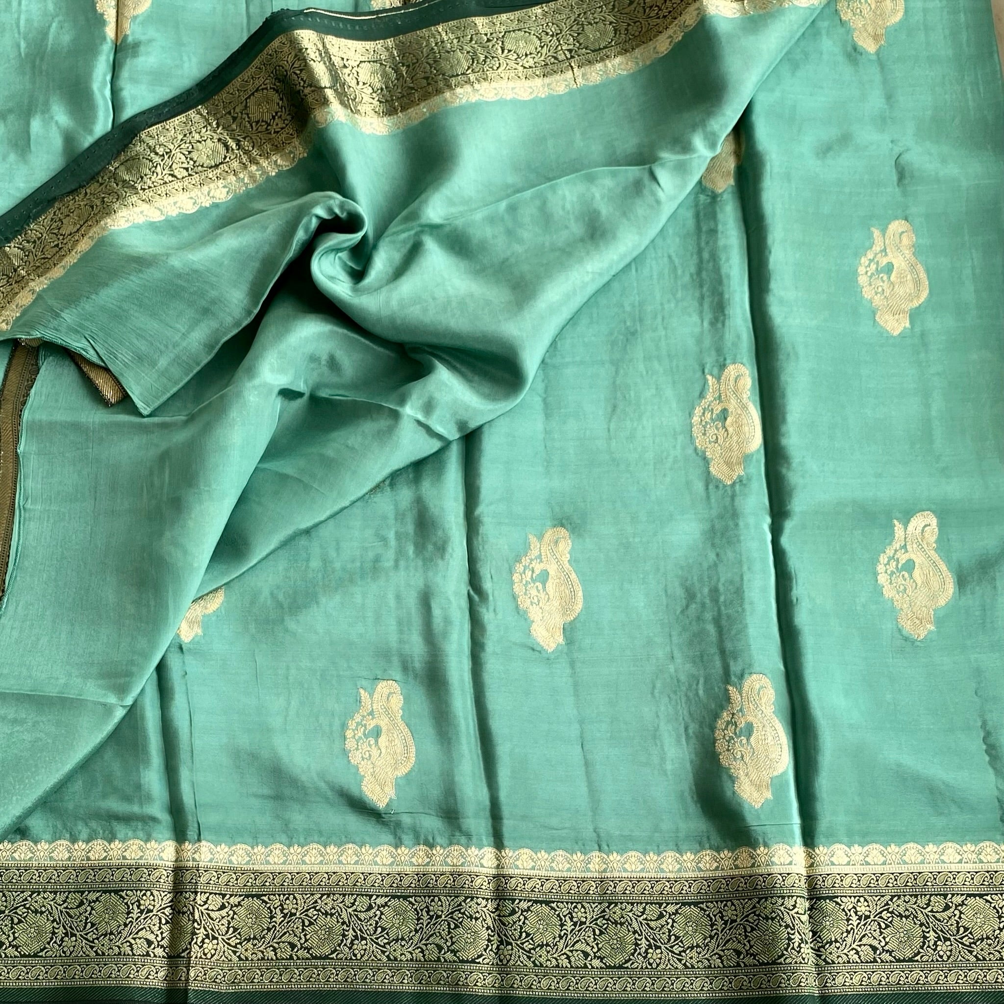 Mint Green Soft Crepe Silk Saree With Emerald Green Pallu Gold Zari