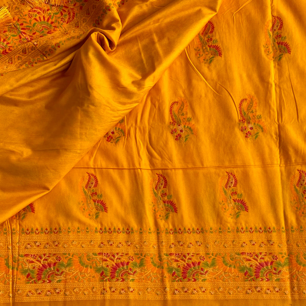 Sunset Yellow Meenakari(Woven not printed )Soft Tussar Saree With Vibrant Woven Pallu