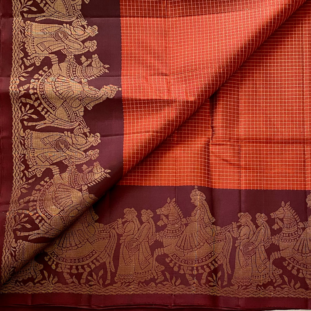 Brick Rust Designer Pure Silk Saree With Wine Brown Pallakki Borders
