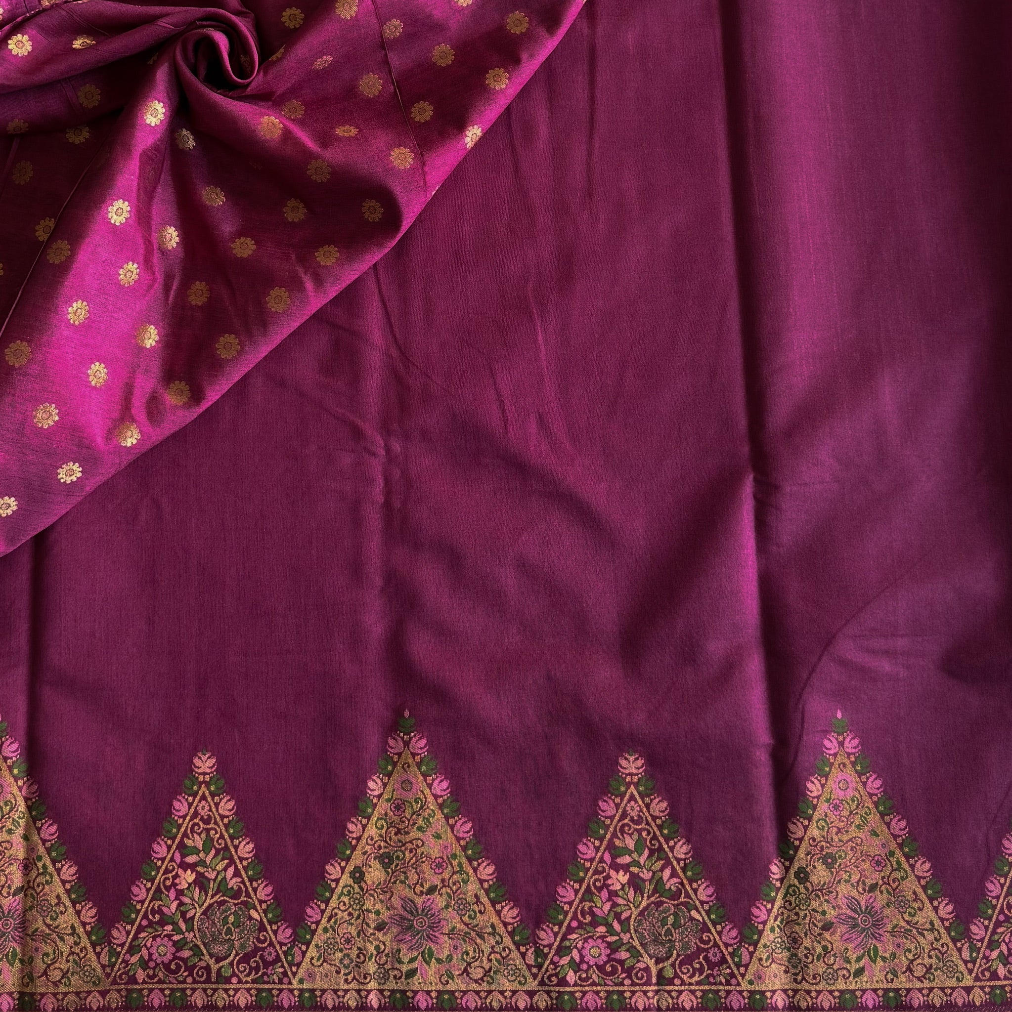 Traditional Magenta Brocade Saree Gold Floral Triangular Border Tassel Pallu