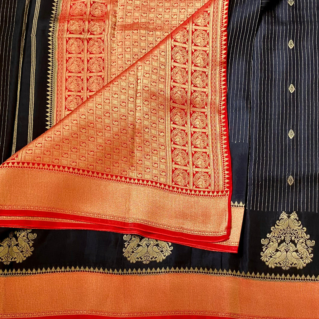 Black Silk Saree Vermilion Red Gold Brocade Pallu Wedding