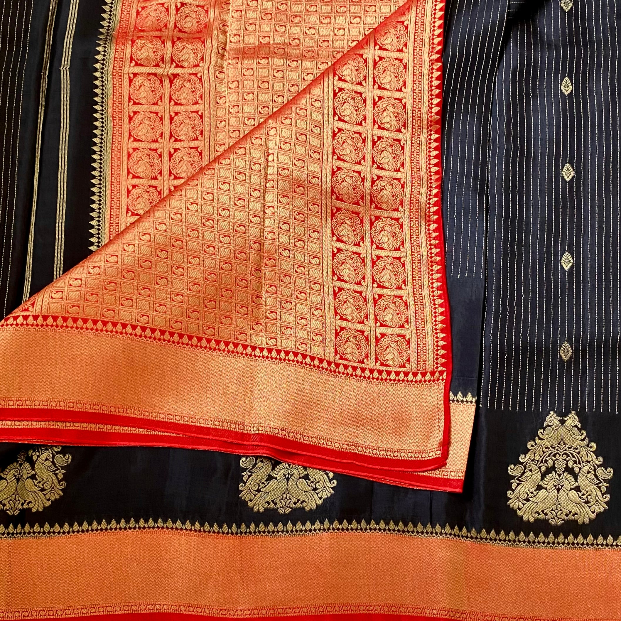 Black Silk Saree Vermilion Red Gold Brocade Pallu Wedding